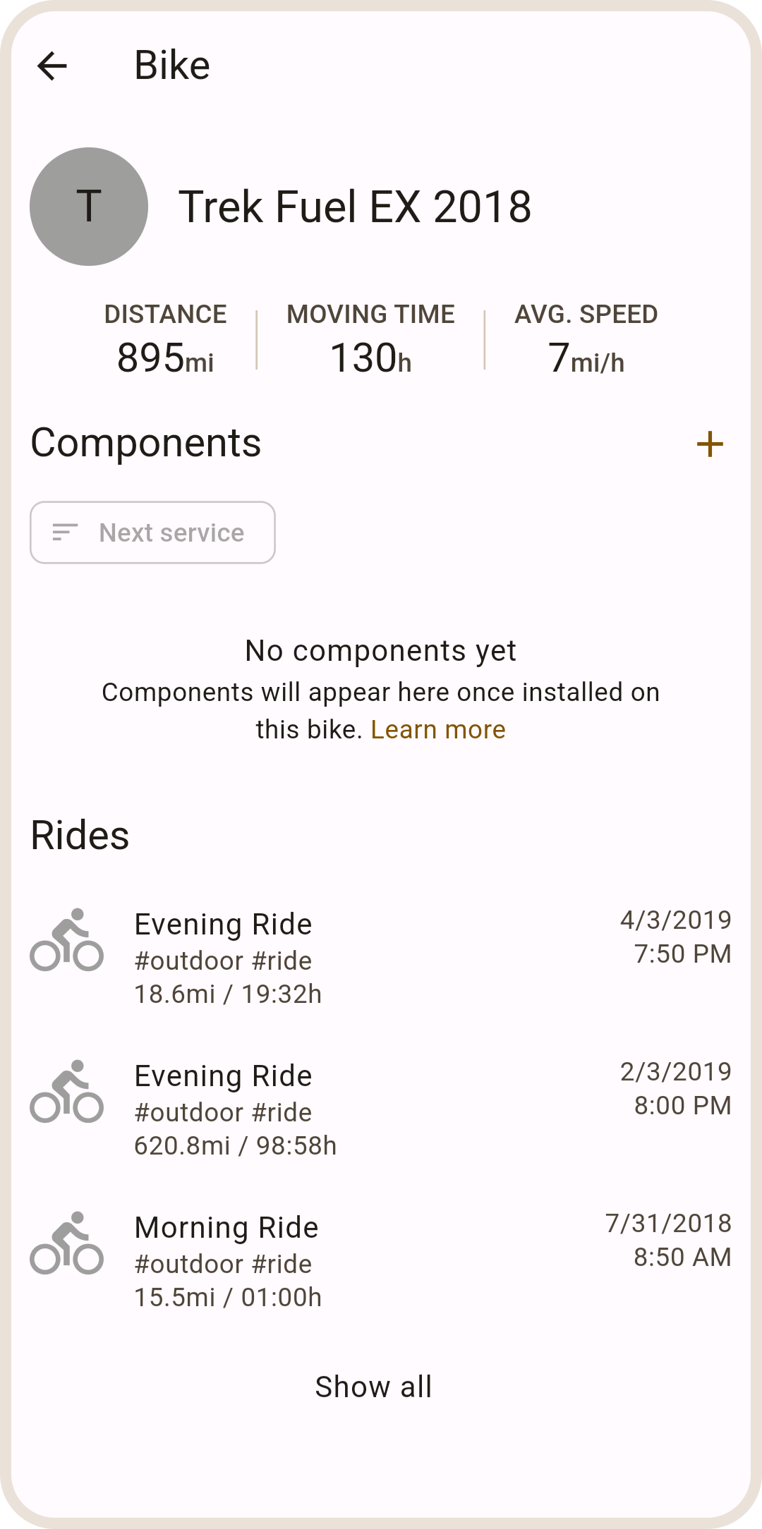 Your bike detail in ProBikeGarage app