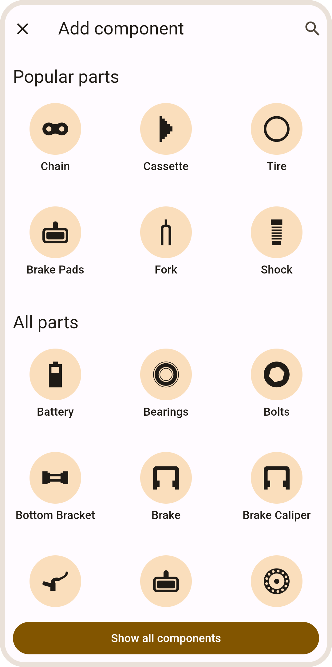 Components catalog in ProBikeGarage app