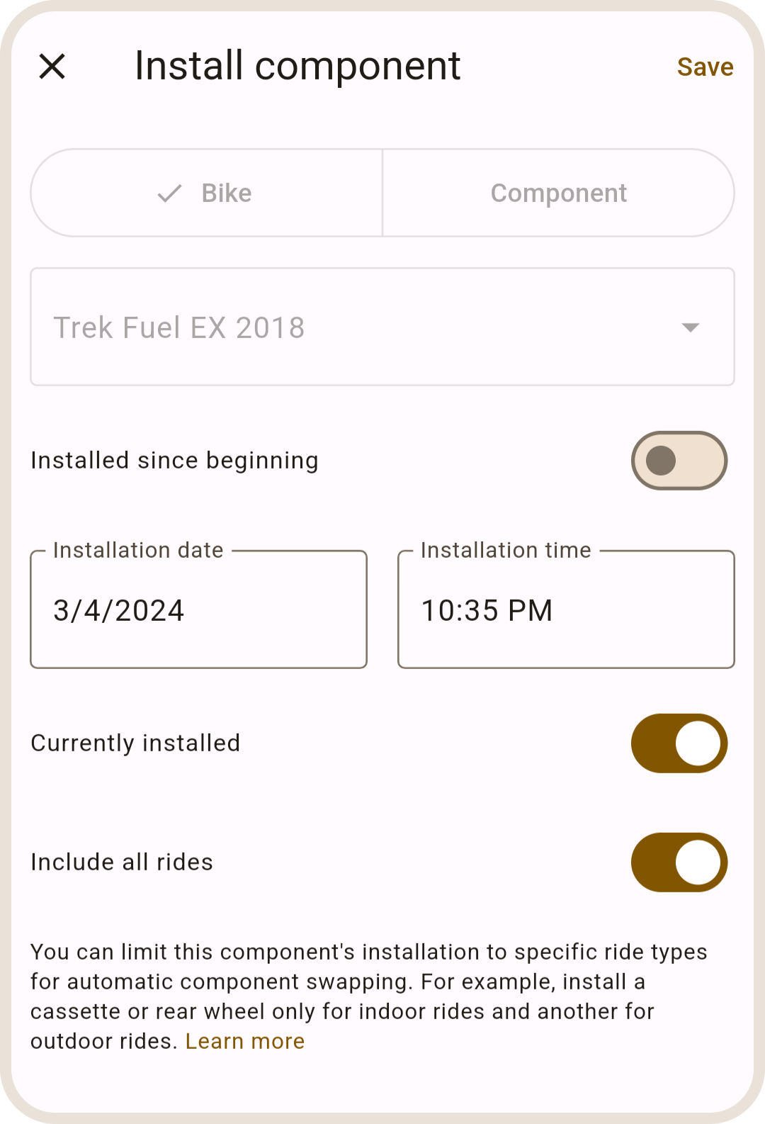 Install component form in ProBikeGarage app