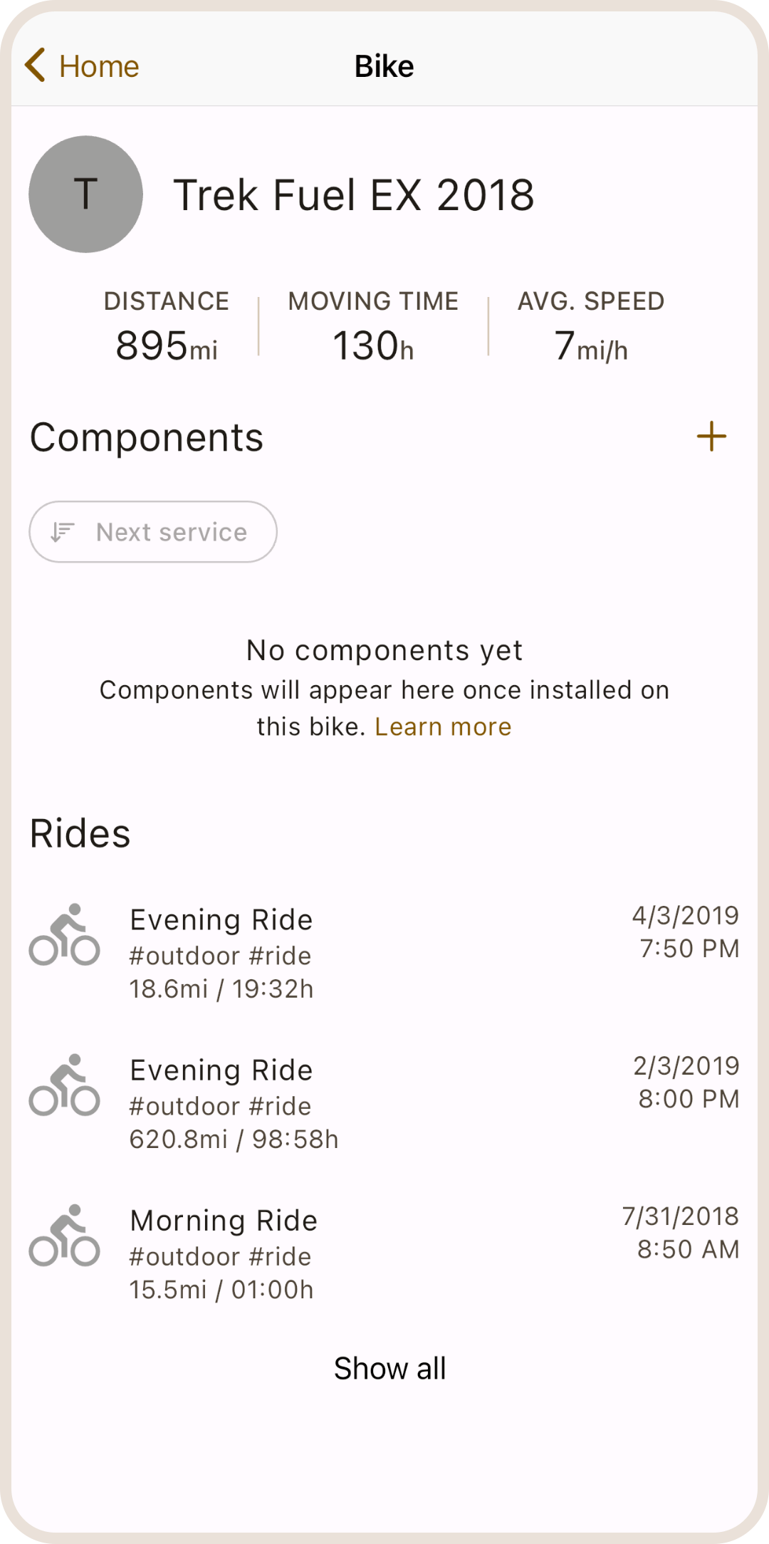 Your bike detail in ProBikeGarage app