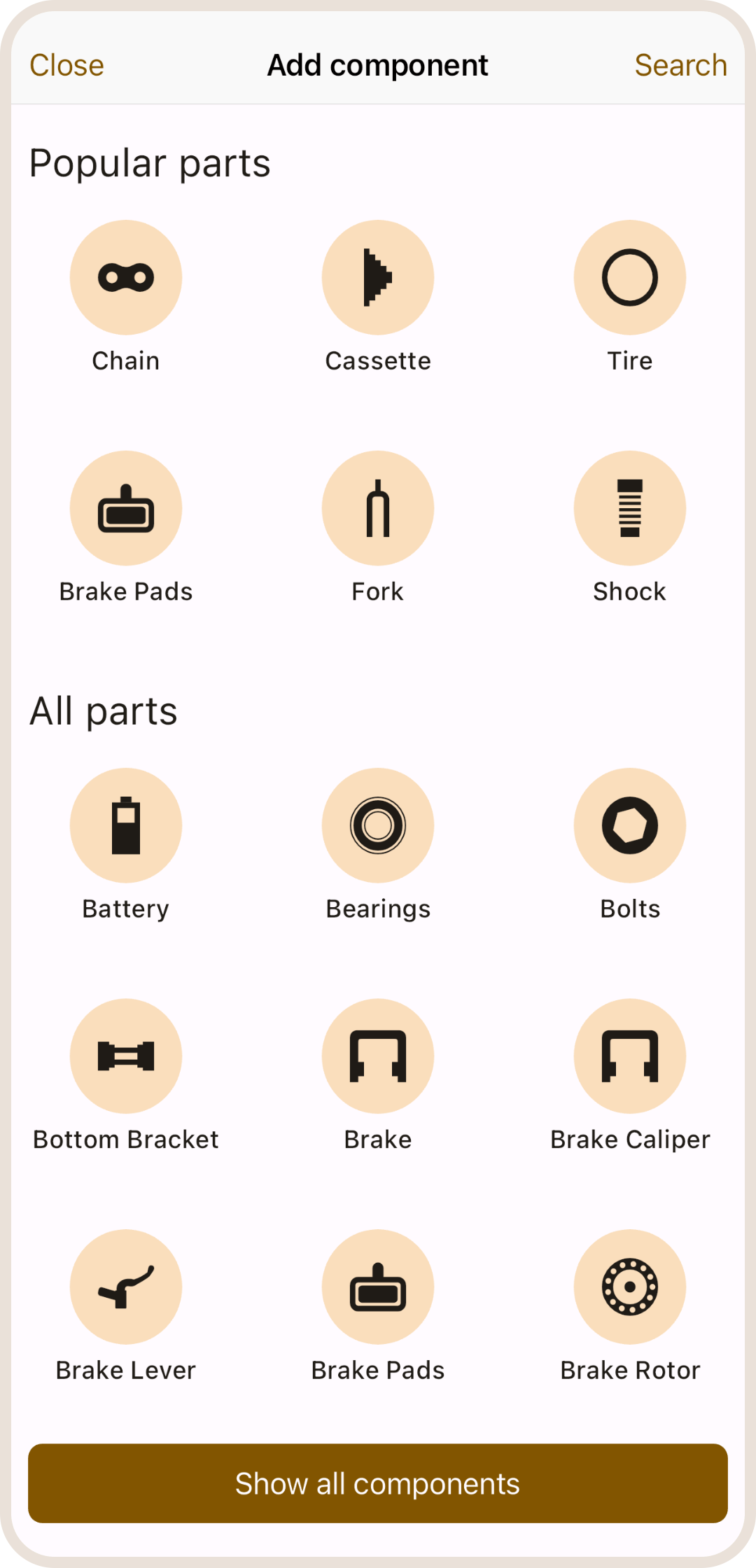 Components catalog in ProBikeGarage app