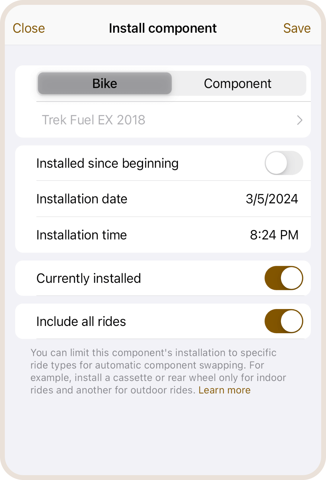 Install component form in ProBikeGarage app