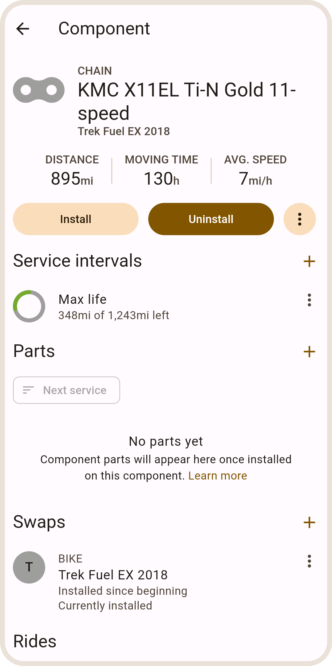 Your new chain detail in ProBikeGarage app