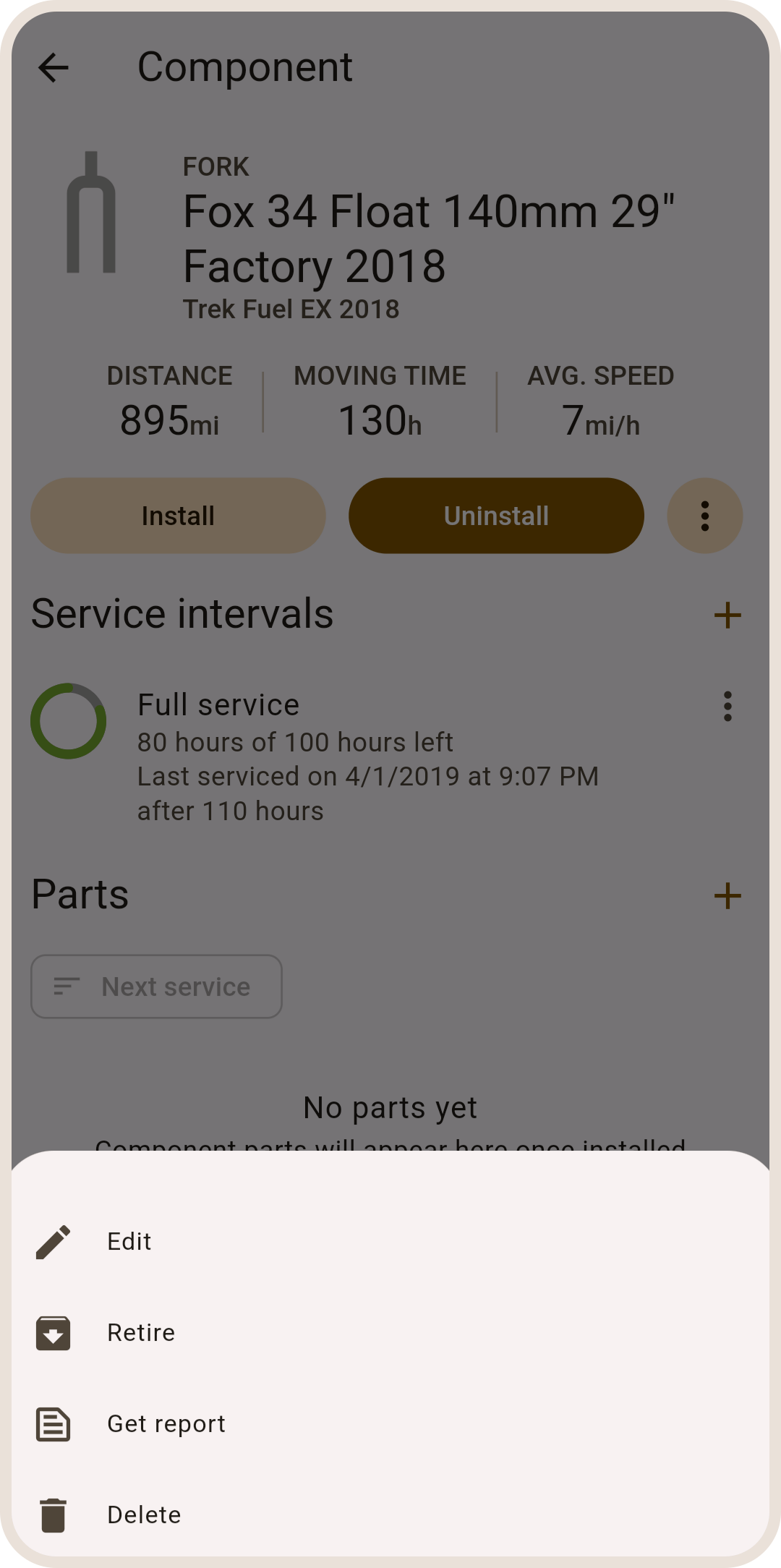 Component detail options in ProBikeGarage app