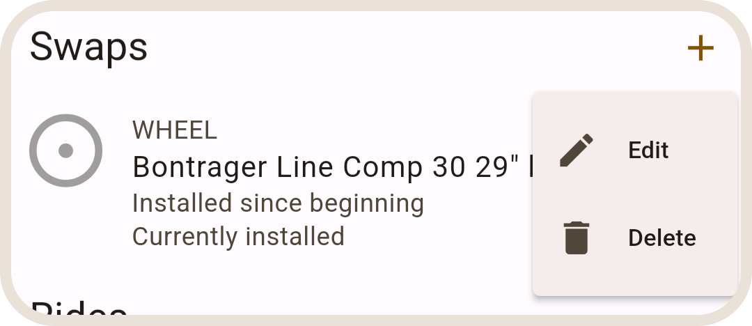 Component swaps list (installation details) in ProBikeGarage app