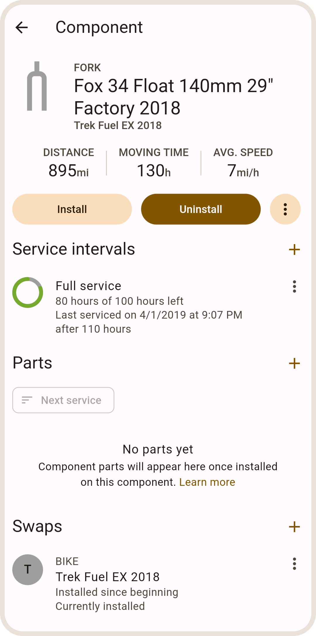 Component detail screen in ProBikeGarage app