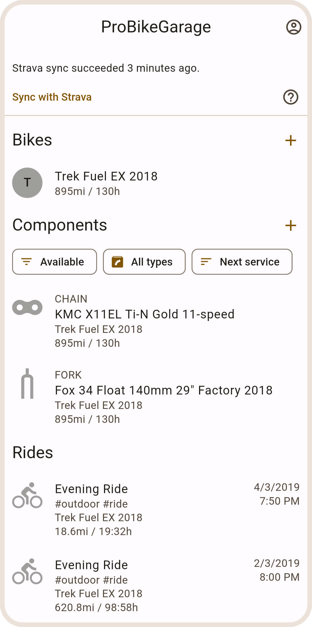 Your bikes list in ProBikeGarage app