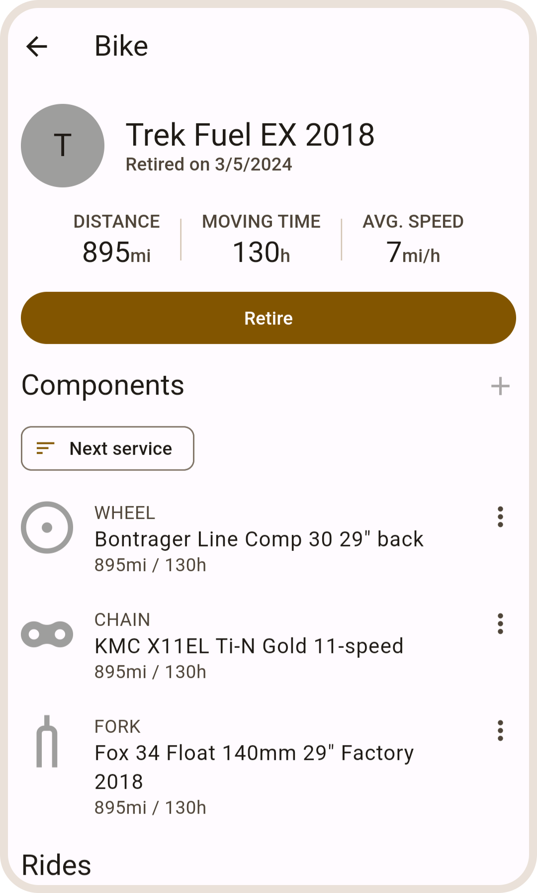 Retired bike detail page in ProBikeGarage app
