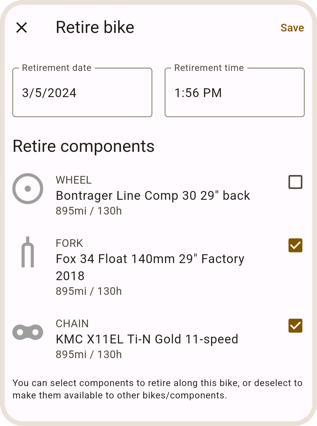 Retire bike and components form in ProBikeGarage app