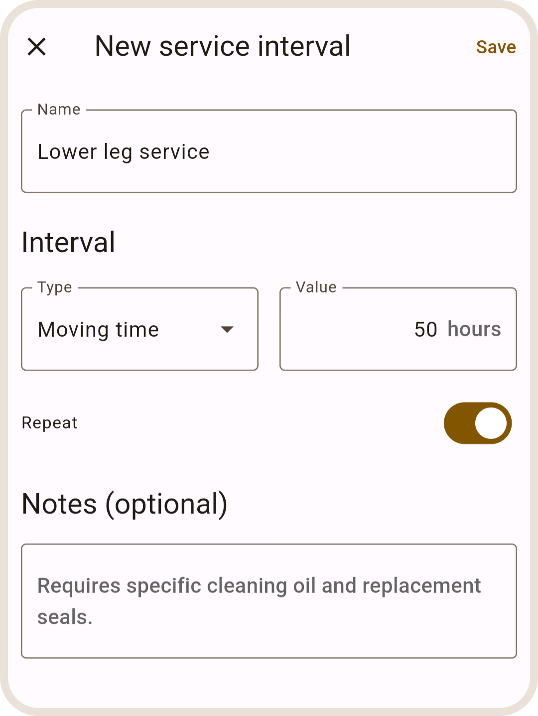 Create new service interval in ProBikeGarage app