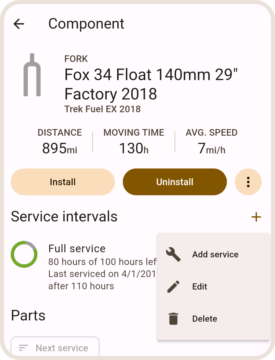 Service interval list in ProBikeGarage app