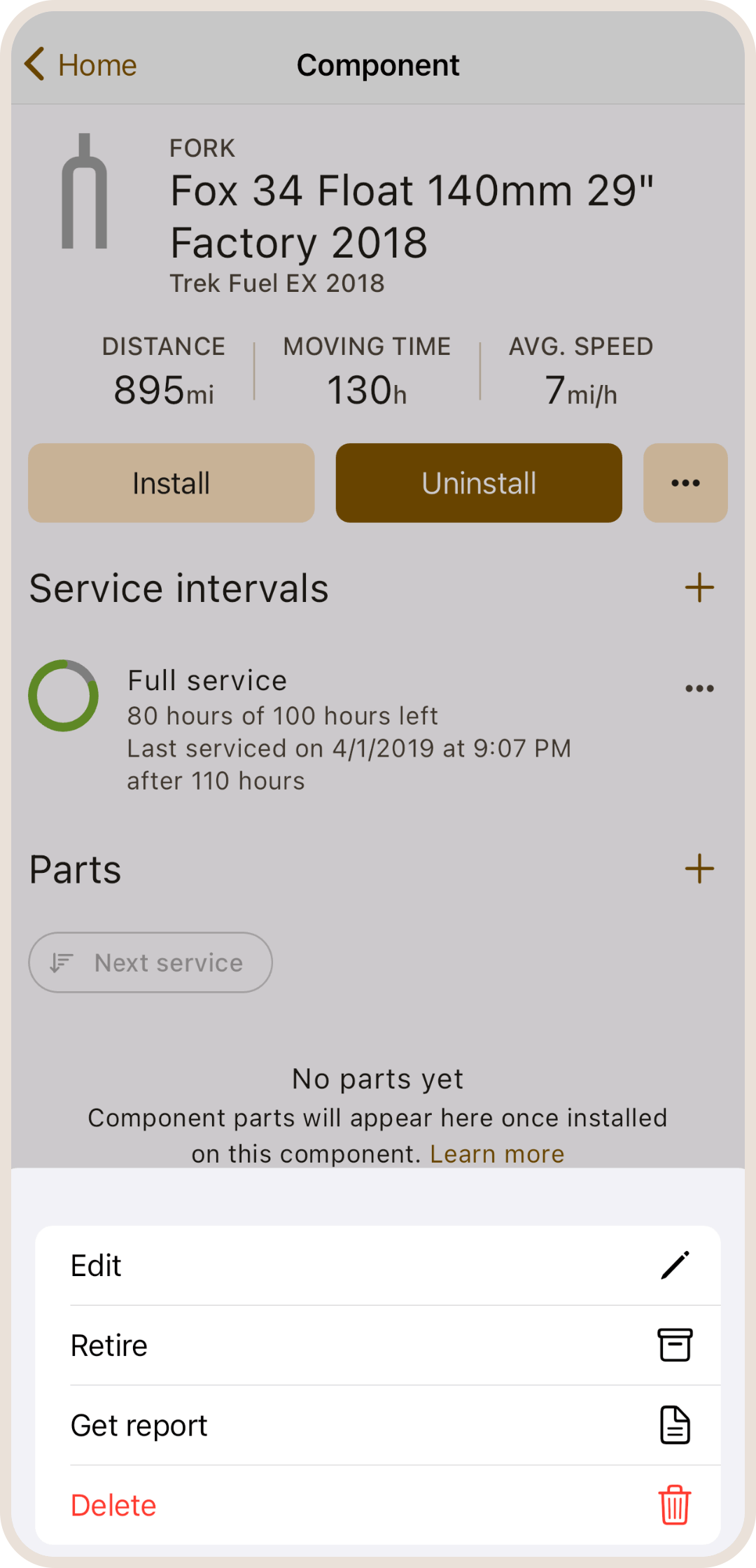 Component detail options in ProBikeGarage app