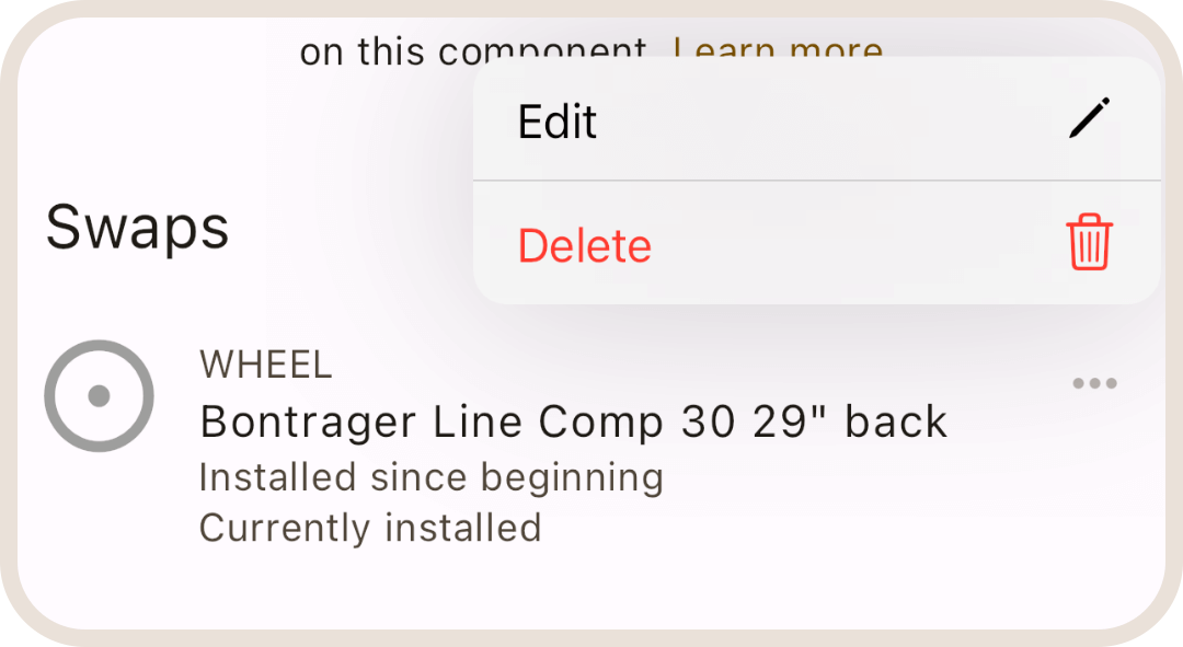 Component swaps list (installation details) in ProBikeGarage app