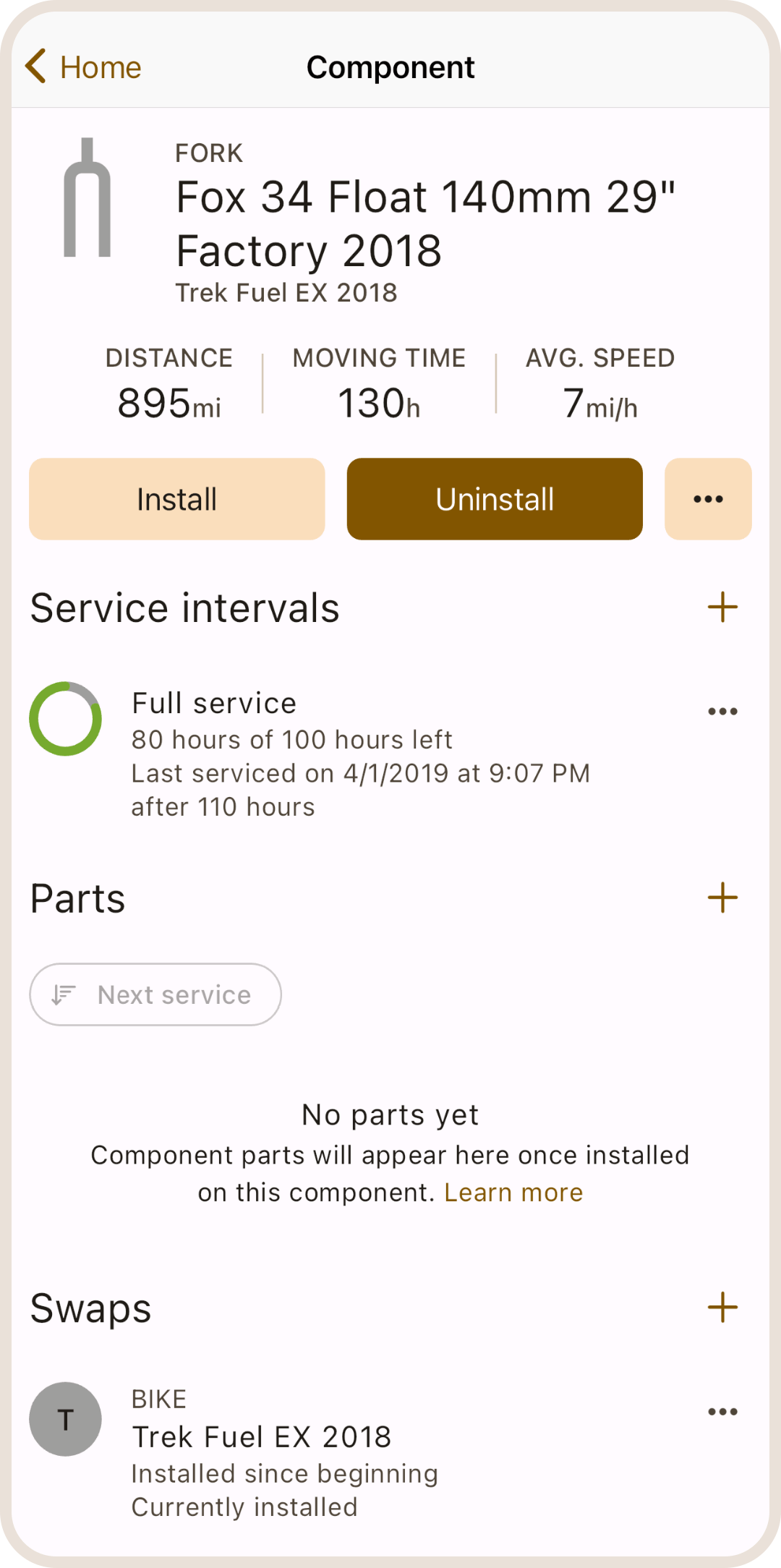 Component detail screen in ProBikeGarage app