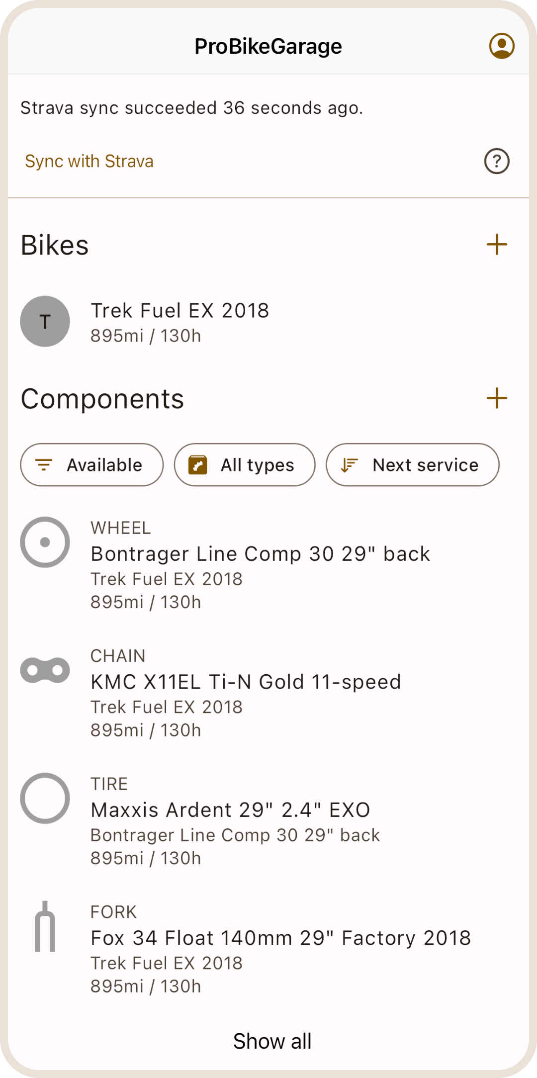 Your bikes list in ProBikeGarage app