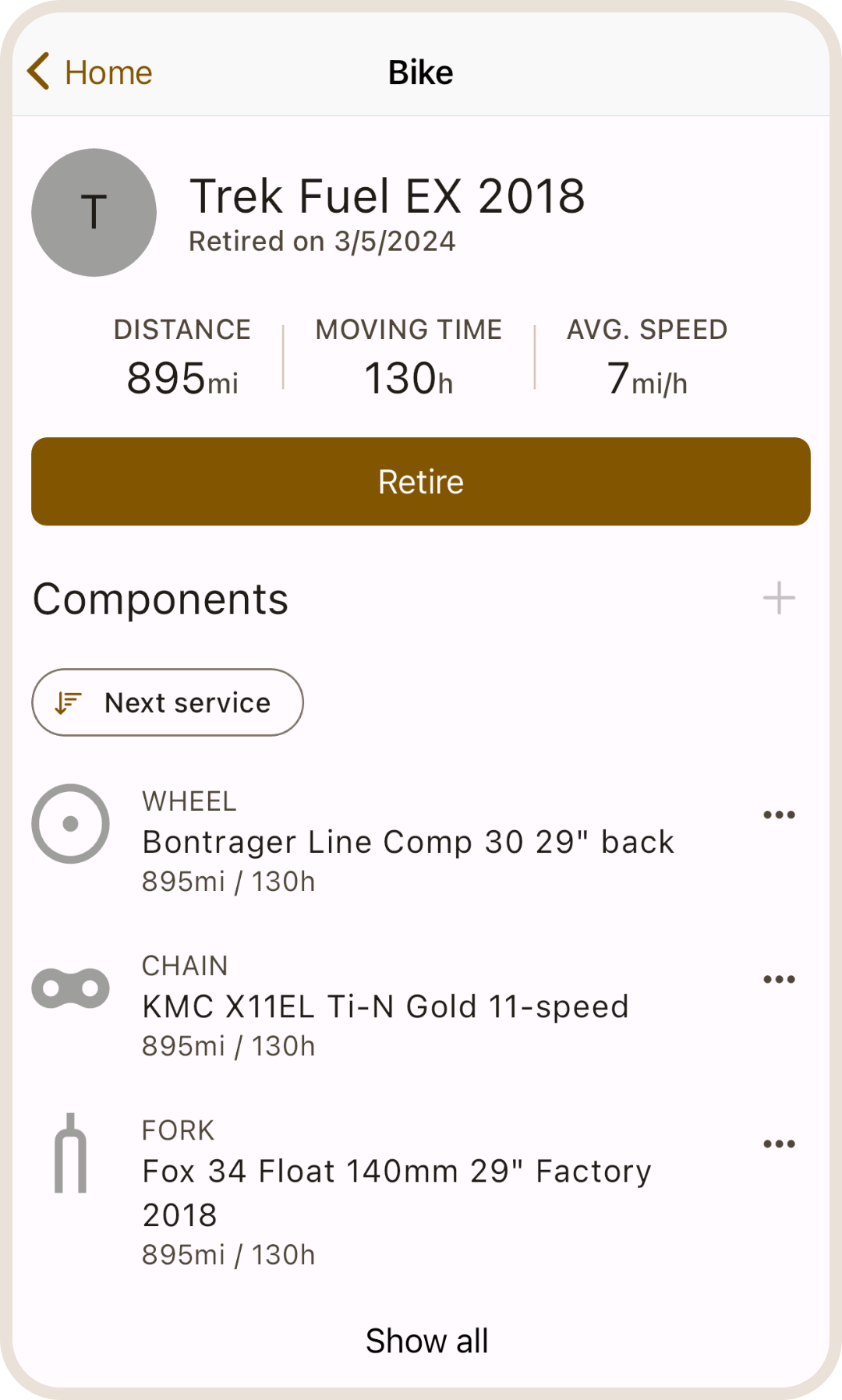 Retired bike detail screen in ProBikeGarage app