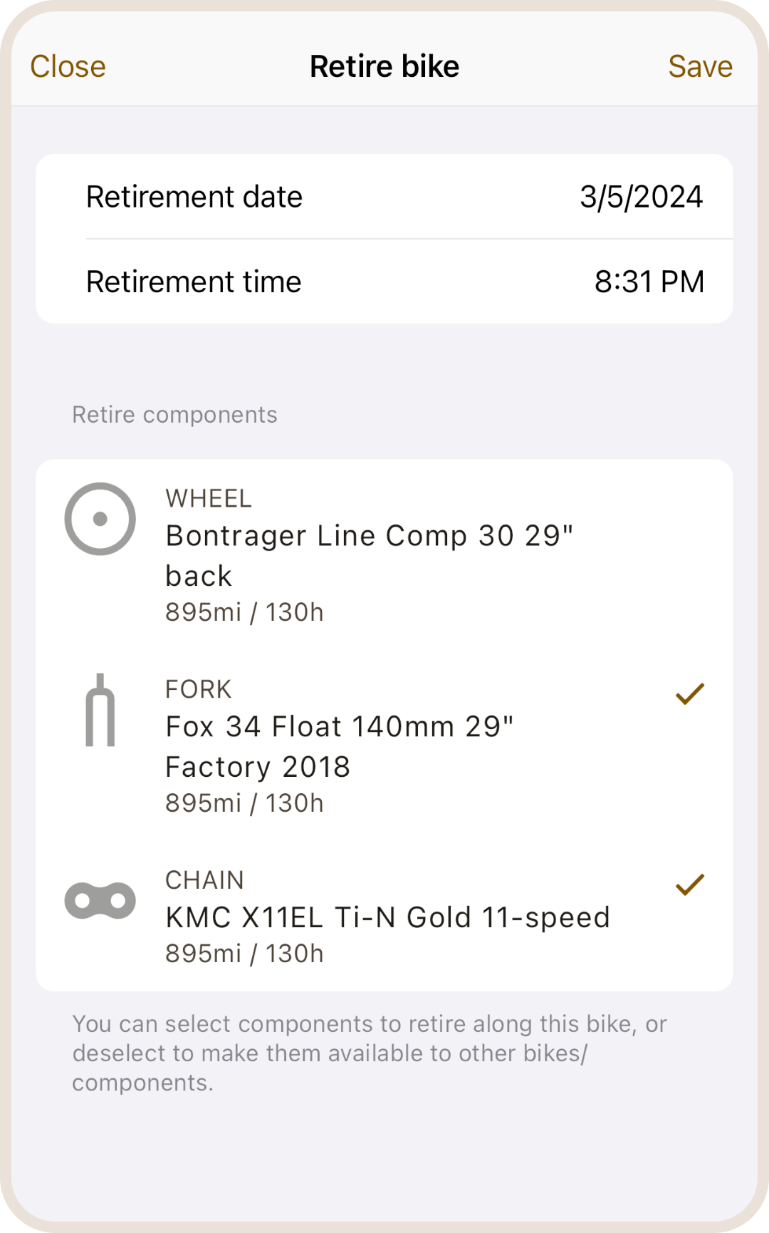 Retire bike and components form in ProBikeGarage app