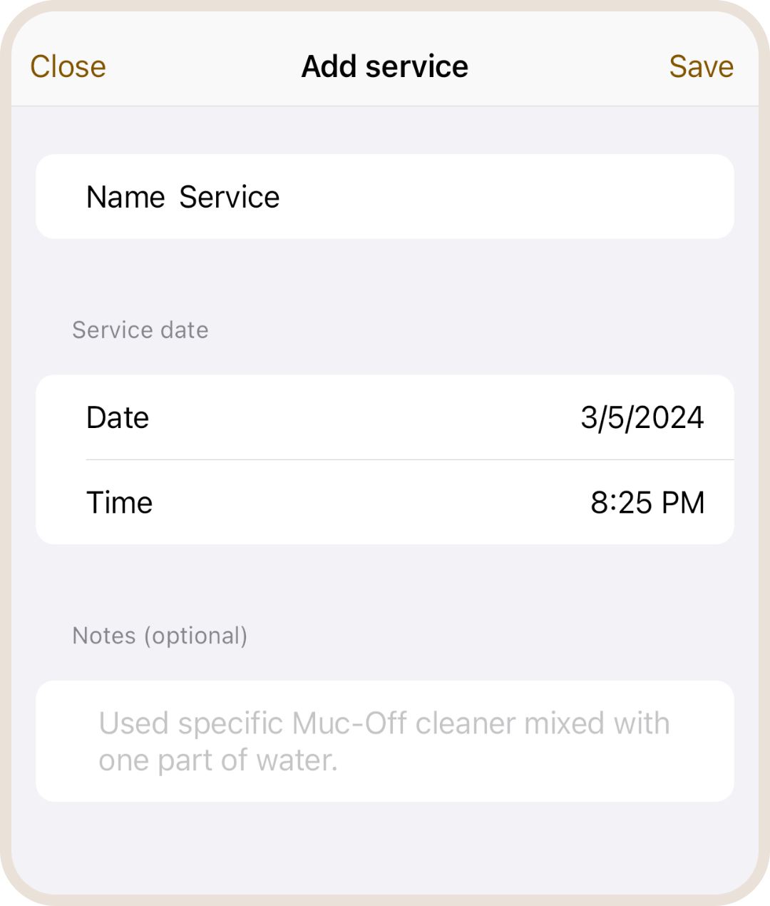 Create new service in ProBikeGarage app
