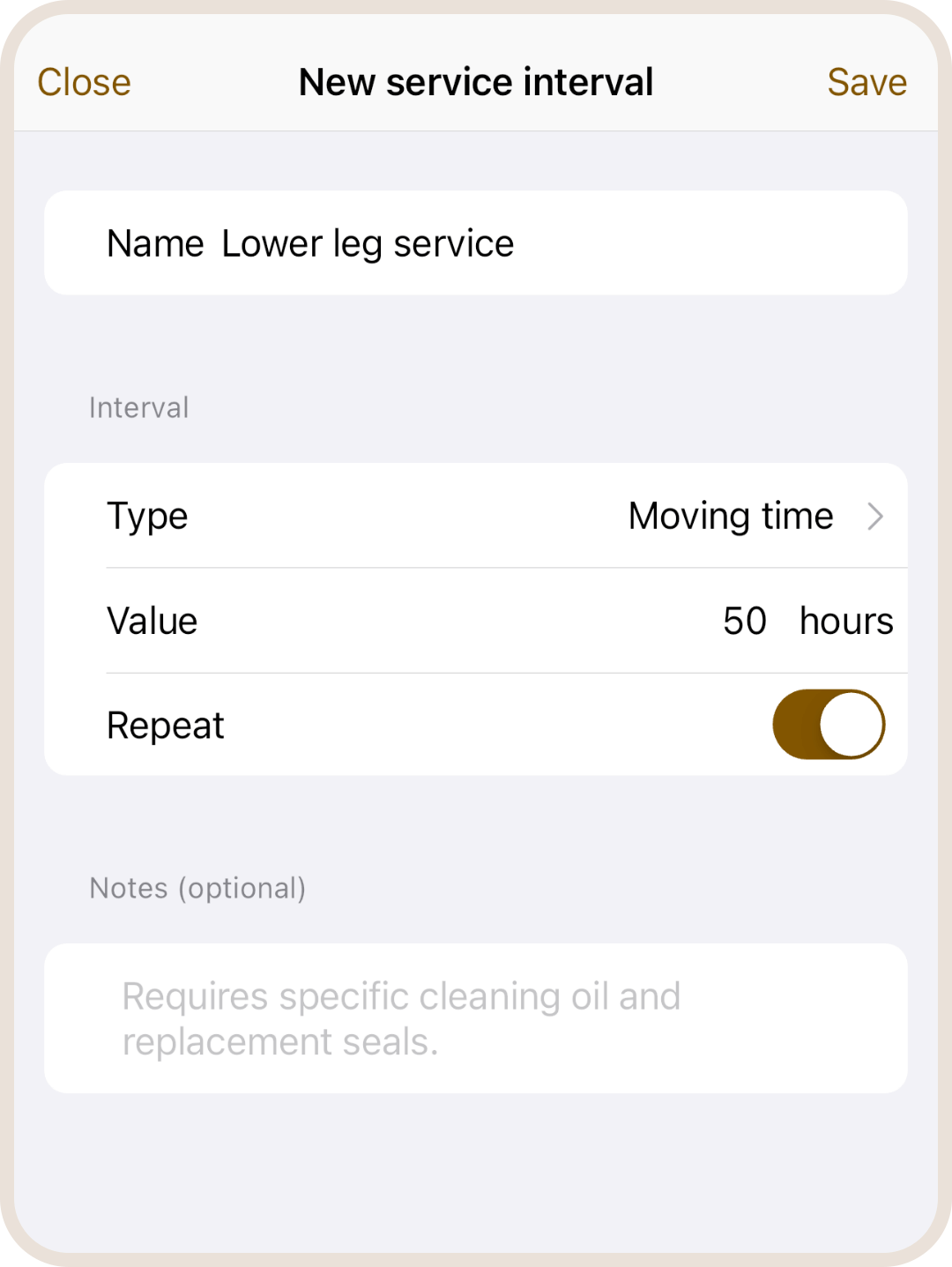 Create new service interval in ProBikeGarage app