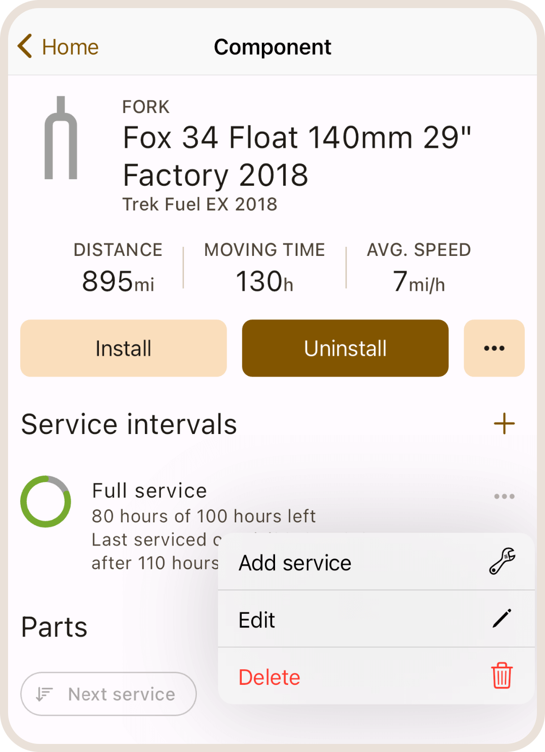 Service interval list in ProBikeGarage app